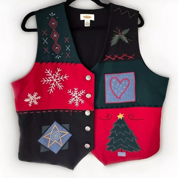 Talbots Woman’s Wool Blend Patchwork Christmas Vest Embroidered Holiday Sz. L - Picture 7 of 8